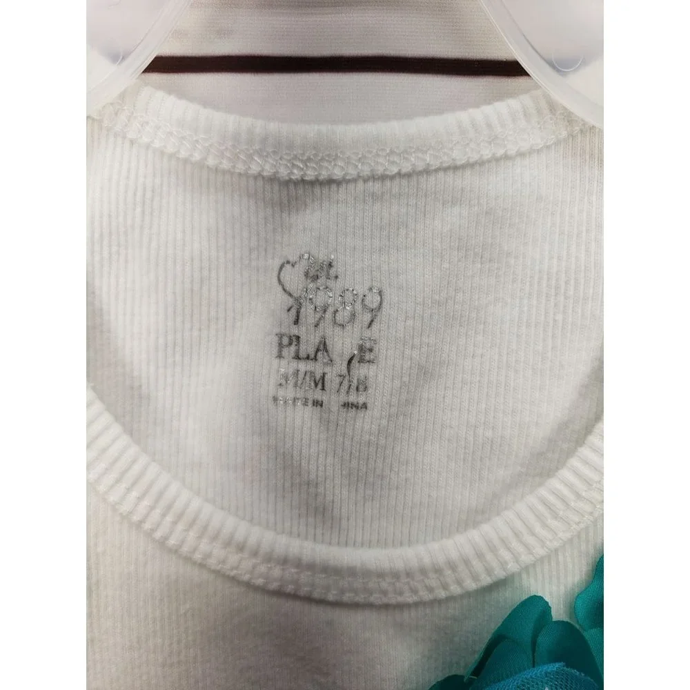 Children's Place White Ribbed Teal Floral Applique Medium Tank‎ Top